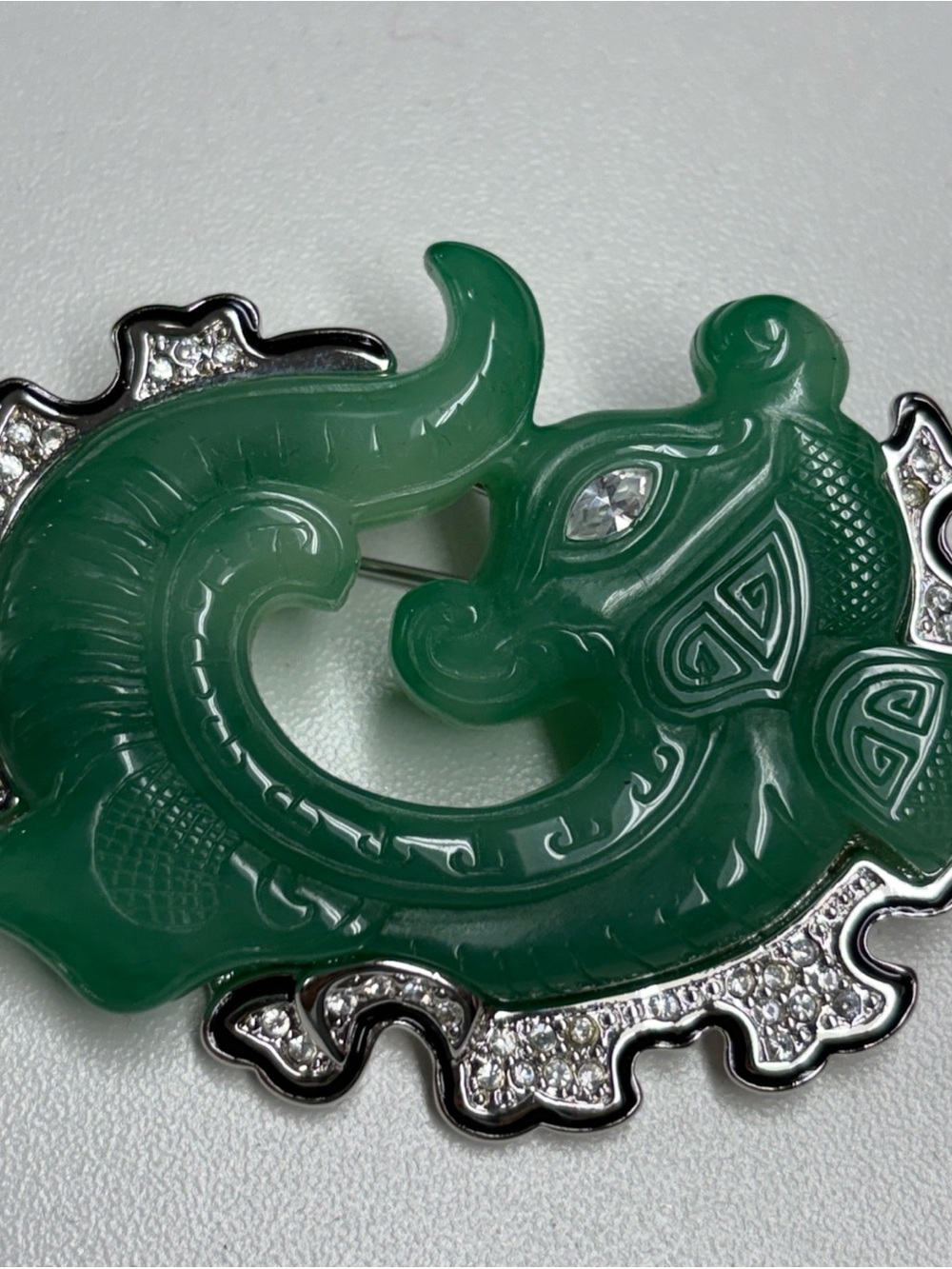 Signed Vintage KJL Kenneth Jay Lane Faux Jade Rhinestone Dragon Brooch Pin